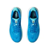Championes de running Hoka Clifton 10, color azul vibrante con suela blanca y detalles en verde claro. Presentan un diseño de malla transpirable, amortiguación de alto rendimiento y el logo de la marca en el lateral.