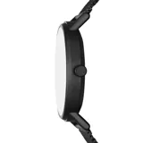 Reloj Skagen modelo Kuppel con caja de acero inoxidable negra de 44mm de diámetro, esfera negra con acabado sandblast, segundero pequeño y malla metálica negra de 22mm de ancho.