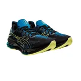Championes de running Asics modelo Kinsei Neo, con capellada de tejido técnico en color negro y detalles en azul y amarillo neón. Presentan tecnología de amortiguación visible en la entresuela y suela de goma de alto rendimiento.