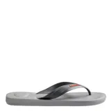 Chancletas Havaianas Top Max Comfort de color gris, con tiras anchas texturizadas y detalle de la marca en tono verde lima.