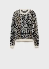 Jersey de punto con efecto pelo, diseño recto y cuello redondo. Presenta estampado animal print de leopardo con terminaciones en contraste y manga larga.