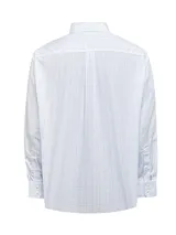 Camisa de manga larga RKF con estampado de cuadrícula fina en tonos azules y verdes sobre fondo blanco. Presenta cuello americano abotonado, cierre frontal con botones, puños ajustables y un bolsillo en el pecho con el logo de la marca bordado.