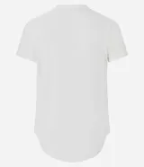 Remera deportiva de microfibra color blanco, con cuello redondo, mangas cortas y detalle de estampa lateral con ondas en tonos fucsia y violeta.