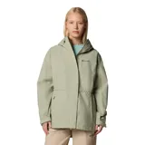 Campera impermeable larga Columbia, color verde claro, con capucha ajustable, cierre frontal con solapa protectora, cintura ajustable con cordón y bolsillos laterales con cierre.