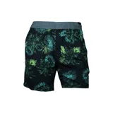 Short de baño negro con estampado de hojas de palmera en tonos verde y celeste, cintura elastizada gris.