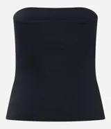 Top strapless (sin breteles) de color celeste claro, ajustado al cuerpo.