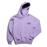 Canguro de algodón color lila con capucha y cordones ajustables. Presenta un logo ovalado estampado en el pecho y un bolsillo frontal tipo canguro con etiqueta de marca cosida.