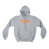Canguro gris con capucha y cordones ajustables, bolsillo tipo canguro y logo Thrasher Flame estampado en el pecho.