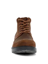 Botín de cuero color marrón oscuro con diseño de caña media y cierre mediante cordones. Presenta una suela robusta de goma y EVA con tecnología de absorción de impactos, ofreciendo tracción y flexibilidad.