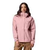Campera impermeable Columbia modelo Hikebound II, color rosado, con capucha ajustable, cierre frontal con solapa, bolsillos con cremallera y tecnología Omni-Tech para mayor transpirabilidad y protección contra la lluvia.
