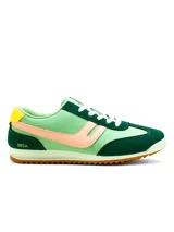 Championes deportivos Santa Barbara modelo Flair, en color amarillo con detalles en mostaza, plateado y blanco. Cuentan con cordones blancos, suela blanca y base de goma marrón.