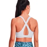Top deportivo Under Armour de soporte medio, color negro, con diseño de espalda cruzada y banda elástica inferior con el logo de la marca estampado.