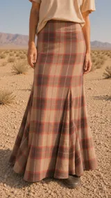 Falda larga de tiro alto y corte amplio con godets, confeccionada en tweed con estampado a cuadros en tonos rosado, verde y gris. Cuenta con cierre invisible en el lateral.