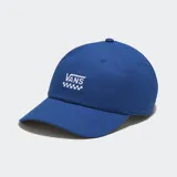Gorra Vans de seis paneles color azul con logo de la marca bordado en blanco en el frente.