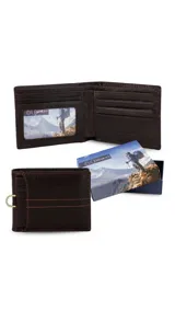 Billetera de cuero color marrón oscuro con pespuntes decorativos. Incluye un tarjetero con visor extraíble, doble compartimento para billetes, múltiples ranuras para tarjetas y bolsillos interiores.