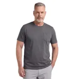 Remera de algodón gris con cuello redondo, mangas cortas y un bolsillo pequeño en el pecho. Diseño básico y funcional de corte recto.