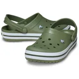 Zuecos Crocs modelo Crocband™ en color lila claro con plataforma blanca y una línea decorativa morada. Presentan el diseño clásico con orificios de ventilación y tira trasera ajustable.