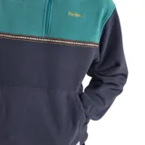 Buzo azul marino y verde con cuello alto con cierre, bolsillo tipo canguro y puños con elástico.