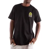 Remera negra de manga corta con cuello redondo y estampado pequeño en el pecho de una fogata con el logo de Santa Cruz Skateboards.