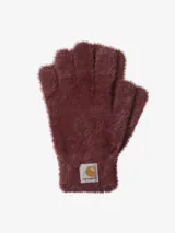 Guantes de tejido de punto peludo en color bordó, con parche de la marca Carhartt en la muñeca.