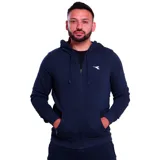 Campera deportiva Diadora color azul marino, con cierre frontal completo, capucha con cordones ajustables y bolsillos frontales tipo canguro. Presenta el logo de la marca bordado en el pecho.