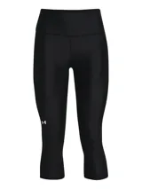 Calza deportiva tipo capri de Under Armour, color negro, con cintura alta antideslizante y bolsillo lateral. Confeccionada en tejido HeatGear ultraligero que absorbe el sudor y permite libertad de movimiento.