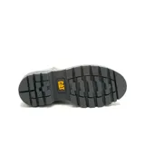 Bota tipo chelsea de Caterpillar con plataforma dentada, confeccionada en cuero liso color gris. Presenta cierre lateral metálico y logo de la marca grabado en el lateral.
