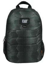 Mochila Caterpillar modelo Benson Backpack de color negro con patrón geométrico texturizado, bolsillos laterales de red y el logo de la marca en el frente.