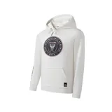 Canguro blanco con capucha y cordones ajustables. Estampado frontal con el logo del Inter de Miami en negro y rosa.