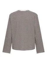 Top de manga larga con diseño a rayas horizontales en color marrón y blanco, cuello redondo y corte holgado.