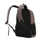 Mochila de lona jaspeada color gris y negro, con bolsillo lateral de red, correas acolchadas ajustables, interior con repartición para notebook y bolsillo frontal con cierre.