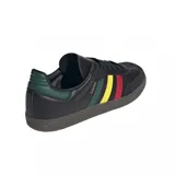 Championes adidas Samba OG de cuero negro con detalles en verde, amarillo y rojo en las icónicas tres tiras laterales. Presenta puntera de gamuza y suela de goma oscura.