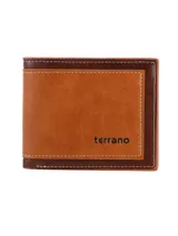 Billetera plegable Terrano de diseño bicolor en tonos marrón y tostado, con costuras a la vista en color blanco y logo de la marca grabado en el frente.