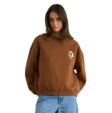 Buzo Rhythm Sunny Crew Neck Fleece de color marrón, cuello redondo, mangas largas y calce holgado. Cuenta con un pequeño estampado en el pecho.