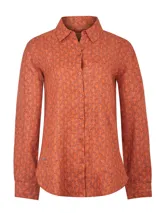 Blusa de lino orgánico color vino con estampado geométrico, manga larga, cuello camisero, cierre frontal de botones y un bolsillo superior.