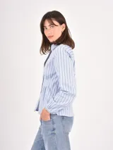 Camisa de corte entallado con pinzas en la cintura, cuello clásico y mangas largas con puños elásticos. Presenta un diseño a rayas verticales finas en color celeste sobre fondo claro.