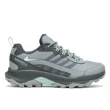Championes de senderismo Merrell modelo Speed Strike 2 Waterproof, color gris con detalles en verde agua. Presentan una construcción robusta con malla y cuero sintético, membrana impermeable, puntera reforzada y suela de goma con tracción de alta resistencia.