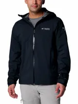 Campera cortaviento Columbia Ampli-Tech color negro, impermeable y transpirable, con capucha ajustable, cierre frontal y bolsillos con cremallera.