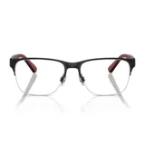 Armazón de lentes de receta estilo semi al aire, con frente superior en color negro mate y patillas con detalle interno en color rojo.