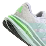 Championes de running Adidas Galaxy 7 para mujer, color blanco con detalles en verde menta y verde neón. Presentan un upper de malla textil transpirable, cierre de cordones, mediasuela Cloudfoam para amortiguación y suela de TPU.
