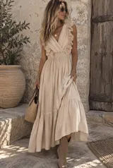 Vestido largo beige con escote en V cruzado, sin mangas y detalles de volados con encaje en los hombros. Presenta cintura elastizada fruncida y una falda amplia con vuelo y diseño asimétrico.