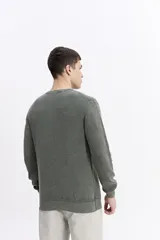 Sweater de hombre con textura waffle, color verde oliva desgastado (acid wash), cuello redondo y puños y ruedo acanalados. Presenta un pequeño logo bordado en el pecho.