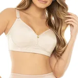 Soutien moldeado sin aro, color arena, con copas enteras y tirantes ajustables. Presenta un pequeño dije dorado en el centro.