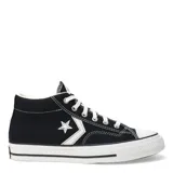 Championes Converse modelo Star Player 76 HI de media caña, confeccionados en lona resistente color negro con detalles en blanco. Presentan el logo de estrella y galón característico en el lateral, puntera de goma y suela con amortiguación OrthoLite.