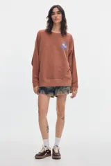 Buzo de felpa sin frisa color terracota con efecto washed, cuello redondo y fit relajado. Presenta un pequeño estampado azul en el pecho.