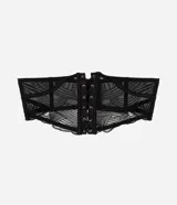 Liguero de tul negro con textura de encaje y lazo de ajuste frontal con cordones.