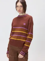 Sweater clásico de punto cable con cuello redondo a la base, mangas largas y fit al cuerpo. De color marrón con franjas horizontales violetas y amarillas, cuenta con el cuello, puños y ruedo acanalados, además de un pequeño logo bordado en el pecho.