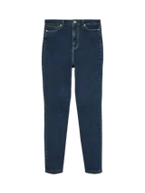 Jean de corte slim fit y tiro alto, confeccionado en denim de color azul oscuro con costuras en contraste. Presenta cierre de botón y cremallera, con bolsillos delanteros y traseros clásicos.