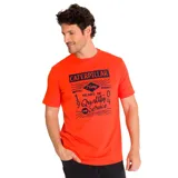 Remera de algodón color rojo con estampado frontal en azul marino con el logo de Caterpillar y la leyenda 'Many Years of Quality Service'.