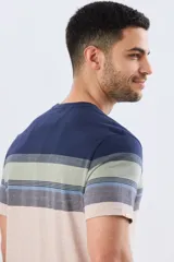 Remera de manga corta con diseño de franjas horizontales en tonos de gris, azul y beige, con escote redondo y pequeño bordado en el pecho.